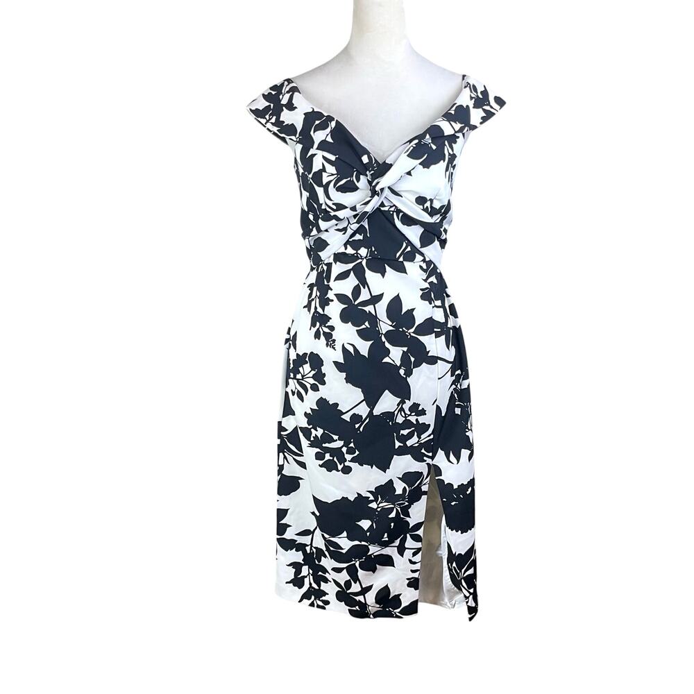 Bardot Black & White Floral Print Off the Shoulder Side Slit Midi Cocktail Dress